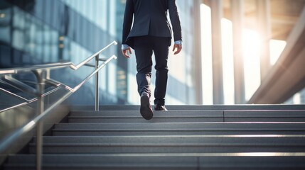 Close-up of a leg businessman walking up the stairs in front of a modern office building. back view