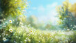 Captivating blurred chamomile glade amidst lush trees under azure sky.