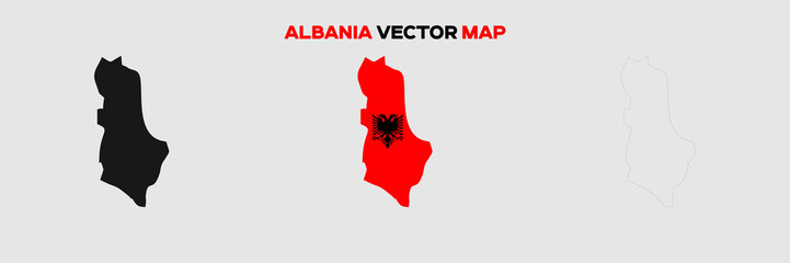 Albania Map Vector Pack. Map with Flag. Gray Map Silhouette. Gray Outline Map. Editable EPS file.