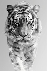 Wall Mural - Full body shot, ink painting, angry tiger walking down, generated with AI