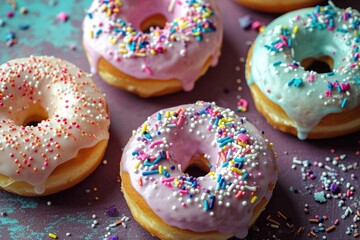 Wall Mural - Colorful donuts with sprinkles on wooden table, closeup. Donuts on a Background with Copy Space. 