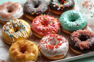 Wall Mural - Colorful donuts with sprinkles on wooden table, closeup. Donuts on a Background with Copy Space. 
