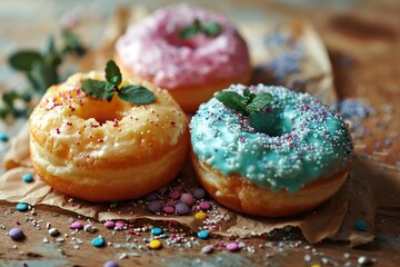 Wall Mural - colorful donuts on a wooden background, sweet food close up. Donuts on a Background with Copy Space. 
