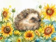 Bright pastel watercolor of a lovely hedgehog in a sunflower field, serene nature scene, hand drawn