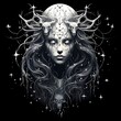 design featuring the creature of the gods tee with skull and stars, in the style of mysterious beauty, gothic illustration, monochrome palette, multilayered realism, fairy tale illustrations, digital 