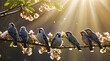 Flock of birds  on the branches of a tree with spring flower blossoms and sun Rays , spring season background, display, wallpaper, birds singing