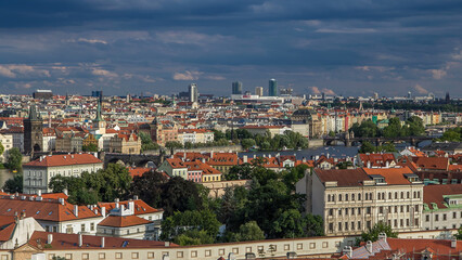 Sticker - Panorama of Prague Old Town with red roofs timelapse, famous Charles bridge and Vltava river, Czech Republic.