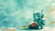 A whimsical illustration of a robot reading a book, evoking a sense of learning and curiosity against a dreamy, watercolor background.