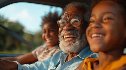 Sticker - A man and two children are in a car, smiling and laughing