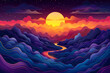 psychedelic dreamworld landscape with wavy shapes and mountains in the sunset, fantasy wallpaper art