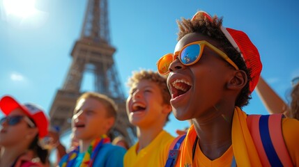 Wall Mural - Happy kids watching sports event in Paris, games 2024