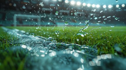 Wall Mural - A soccer field is wet with rain, and the grass is green