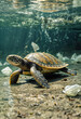 Environmental pollution. Sea turtle under water. Generative AI