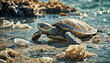 Environmental pollution. Sea turtle crawls ashore. Generative AI