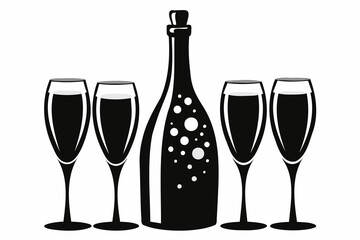 Wall Mural - Silhouette of a champagne bottle with four glasses. Black and white graphic illustration isolated on white backdrop Minimalist design. Concept of celebration, New Year, Christmas, toasting