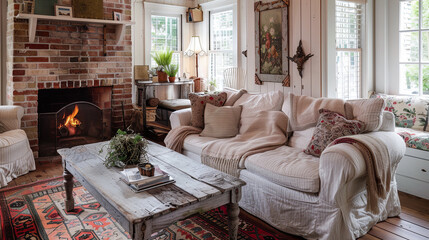 Wall Mural - Cozy vintage living room with floral sofa, brick fireplace, knit blankets, and rustic decor. Window seat for reading or enjoying garden views.