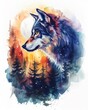 Watercolor hand drawn wolf under a starry night sky, bright pastel colors, serene and beautiful forest backdrop
