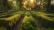 AI-generated illustration of a green garden with bushes illuminated by soft sunlight