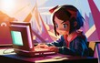Low Poly Anime Girl Studying on Laptop, Lofi Polygonal Art - Digital Learning, Youth Culture, streaming
