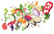 Variety of slices and pieces of fresh organic vegetable levitating in air. File contains clipping paths.