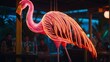 Pink flamingo decoration in front of a crowded bar, AI-generated.