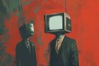 Sketch of two people in suits One figure had a bucket on its head. and another figure had an old-fashioned television set.