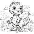 Cute dino in nature coloring page. Funny dinosaur character, ink outline image