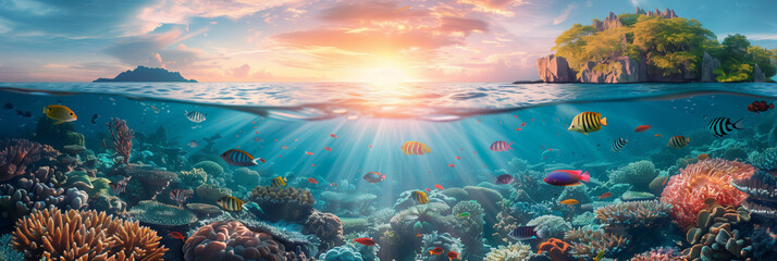 selective focus of colorful coral reefs and tropical islands at sunset underwater landscape with fis