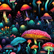 Fabulous mystical mushroom print. Seamless pattern with poisonous hallucinogenic mushrooms. Magic forest background with mushrooms