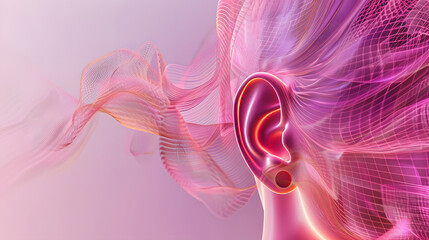 Wall Mural - Digital illustration of the human ear with a backdrop of an abstract. wave pattern and a gradient pink background
