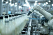© S photographer - Selective focus of A robot arm in a dairy factory is picking up a stack of white glass bottles filled with fresh pasteurized milk.