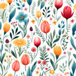 Floral seamless pattern. Tulips, wildflowers and herbs background. Botanical motifs print for textiles, paper, packaging, fabric and wallpaper