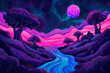 psychedelic vapor wave dreamworld with a magic moon in the night, river and trees and cosmic sky, fantasy wallpaper art