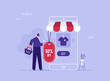 Get discounts in online shopping via mobile phone concept, man character with basket making online shopping via phone