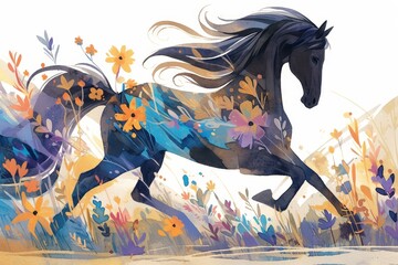 Wall Mural - black horse with flowers,  illustration, white background