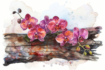 Wall Mural - A watercolor painting of an orchid clinging to a rotten piece of wood.