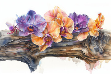 Wall Mural - A watercolor painting of an orchid clinging to a rotten piece of wood.