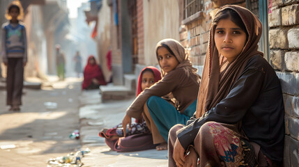 Wall Mural - girls portraits while begging in the walled city streets corners with other people activities of Lahore Pakistan in the morning sun 