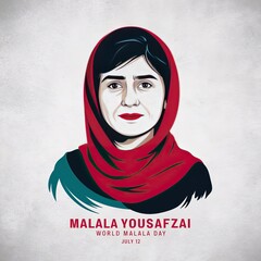 World Malala Day, Social Media Poster, Malala Yousafzai, Malala Yousafzai poster, World Malala Day Poster, post, banner, poster, illustration, powerful and beautiful woman, women education, 12 July 19