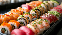 An Assortment Of Fresh And Colorful Sushi Rolls, Perfectly Crafted And Presented On A Sleek Black Platter.