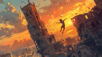 Artistic rendering of a person leaping across a decaying cityscape bathed in the warm glow of the setting sun, Digital art style, illustration painting.
