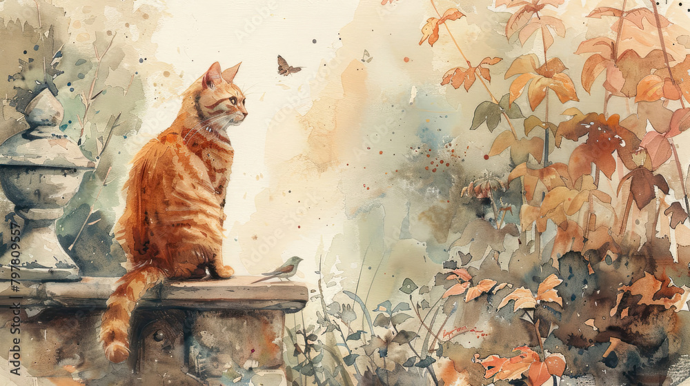 A watercolor painting of an orange cat sitting on a stone wall in a ...