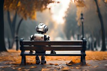 Lonely Robot Sitting On Bench In A Park Thinking About Life.