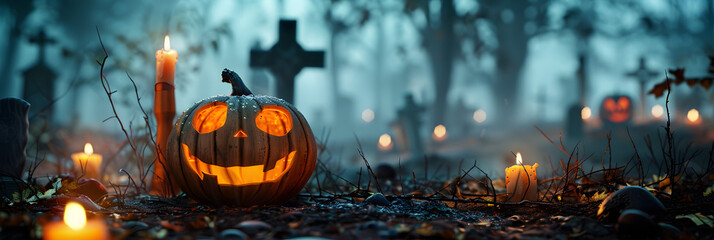 Wall Mural - Halloween pumpkin and candles in front of an old cemetery at night. Scary. spooky Halloween concept with foggy forest background. Photorealistic 3D rendering 