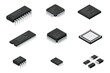 Set of microchip computer electronic components. Microchip icon. Computer processor technology. Micro processor. Collection of microchips