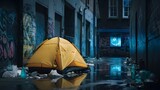 Fototapeta Lawenda - An urban alleyway during the nighttime. A bright yellow tent is pitched on the ground, surrounded by various trash items, including plastic bottles and bags.