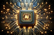 High-tech AI chip at the heart of circuit board with electrical impulses, representing machine intelligence. Network, data connecting, information processing