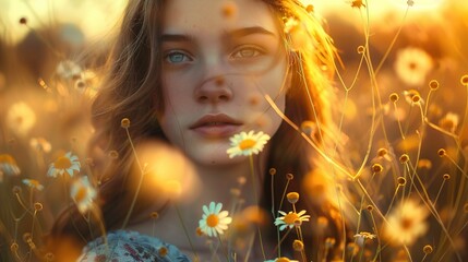 Wall Mural - The image captures a young woman amid a field of wildflowers at what appears to be sunset. Her face is in sharp focus with striking blue eyes and soft facial features. She has wavy brown hair, partial