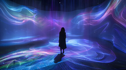 Wall Mural - In an immersive exhibition space. digital projections of flowing light and glowing particles form intricate patterns on the ground in shades of blue purple pink and green