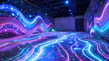 Wall Mural - In an immersive exhibition space. digital projections of flowing light and glowing particles form intricate patterns on the ground in shades of blue purple pink and green